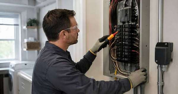 Electrician inspecting a residential electrical panel